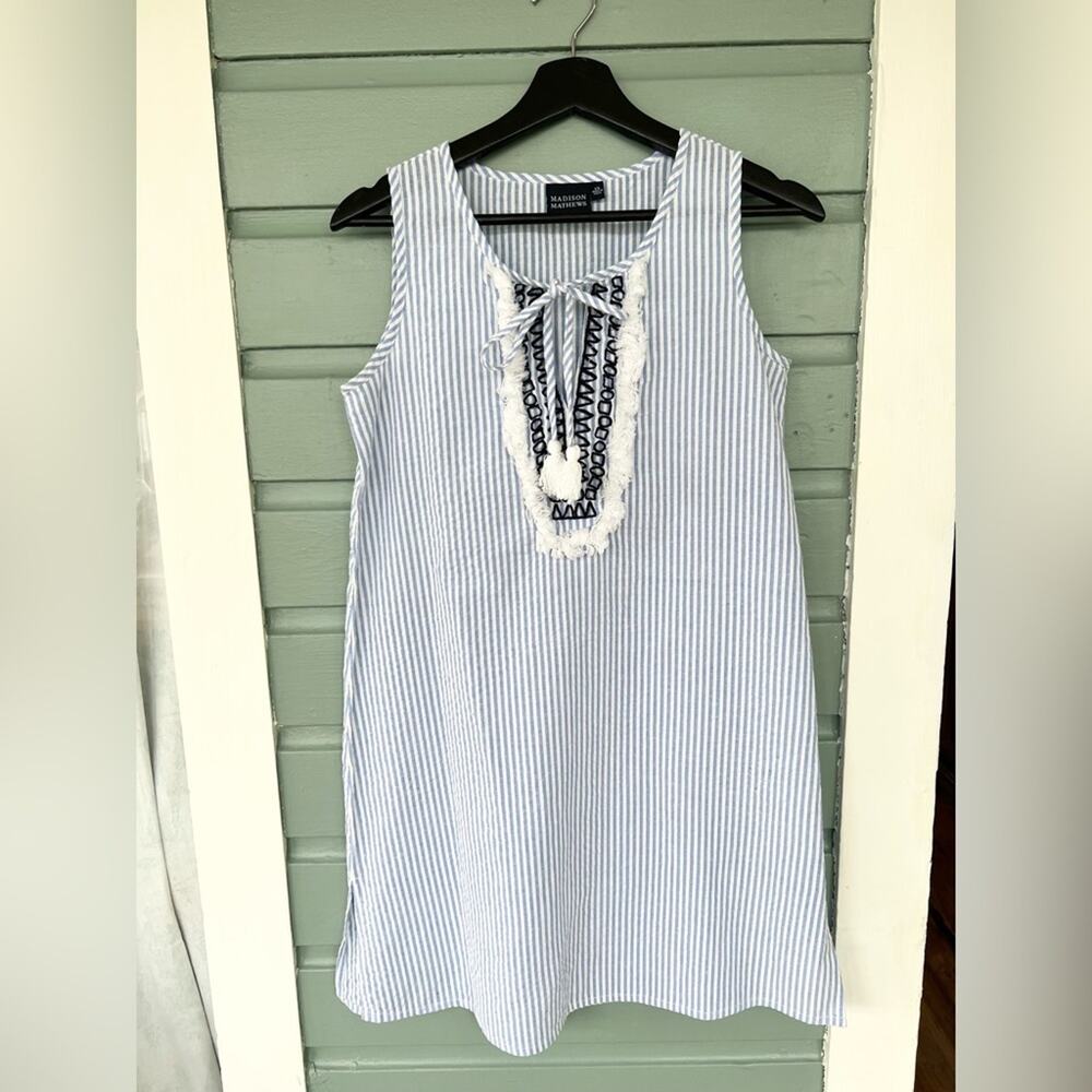 Tuckernuck Madison Mathews blue white stripe dress 100% cotton summer travel XS